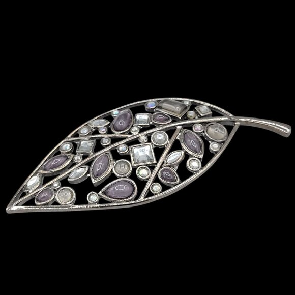 Vintage Laila Rowe Large Leaf Shaped Brooch Gunmetal Black Rhinestones - Picture 2 of 7